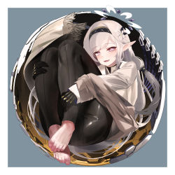 Rule 34 | 1girl, absurdres, barefoot, black gloves, black hairband, black pants, blue archive, feet, flower, full body, gloves, grey hair, hair flower, hair ornament, hair tubes, hairband, halo, highres, himari (blue archive), long hair, long sleeves, looking at viewer, mo ne, mole, mole under eye, open mouth, pants, pointy ears, purple eyes, solo