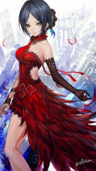 Rule 34 | 10s, 1girl, asymmetrical gloves, bare shoulders, black hair, breasts, dress, elbow gloves, feathers, gloves, hayami kanade, idolmaster, idolmaster cinderella girls, idolmaster cinderella girls starlight stage, infukun, looking at viewer, parted bangs, red dress, red feathers, red ribbon, ribbon, short hair, smile, solo, uneven gloves, yellow eyes