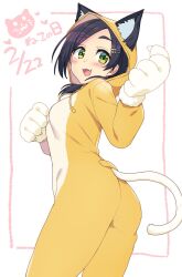 Rule 34 | 1girl, alternate costume, animal ears, animal hands, black hair, blush, breasts, cat ears, cat paws, cat tail, cowboy shot, fang, gloves, green eyes, hair ornament, hairclip, highres, kantai collection, kuroshio (kancolle), long sleeves, open mouth, paw gloves, short hair, small breasts, solo, tail, taketora suzume, white gloves