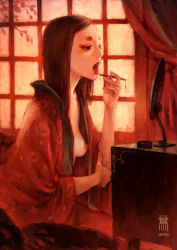 Rule 34 | 1girl, applying makeup, breasts, brown hair, cabinet, curtains, eyeshadow, fcp, geisha, japanese clothes, kimono, lipstick, makeup, mirror, nipples, oiran, open clothes, open robe, original, red theme, robe, short hair, solo, tree, window