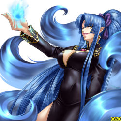 Rule 34 | 1girl, :d, blue fire, blue hair, blurry, breasts, cleavage, cleavage cutout, clothing cutout, depth of field, dress, earrings, element bender, facial mark, fingernails, fire, floating hair, forehead mark, gem, glowing, grin, hair ornament, jewelry, kagami hirotaka, kuuko enju, large breasts, lipstick, long fingernails, long hair, looking at viewer, looking back, magic, makeup, naughty face, omc, open mouth, original, outstretched arm, outstretched hand, parted bangs, pendant, pointy ears, ponytail, profile, rope, side slit, sidelocks, simple background, smile, solo, standing, tokyo kaidan, turtleneck, very long hair, watermark, white background, yellow eyes