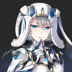 Rule 34 | 1girl, alternate costume, blue eyes, bodysuit, commentary, commission, finger to mouth, hair between eyes, hand up, highres, humanization, ivara (warframe), looking at viewer, parted lips, short hair, shushing, signature, simple background, smile, solo, warframe, white hair, zxpfer