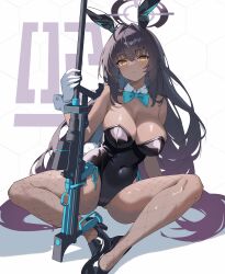 Rule 34 | 1girl, absurdly long hair, absurdres, animal ears, bare arms, bare shoulders, black footwear, black hair, black leotard, blue archive, bow, bowtie, breasts, cleavage, covered navel, dark-skinned female, dark skin, detached collar, fake animal ears, fishnet pantyhose, fishnets, gloves, gradient hair, gun, halo, highleg, highleg leotard, highres, holding, holding gun, holding weapon, karin (blue archive), karin (bunny) (blue archive), large breasts, legs, leotard, long hair, looking at viewer, multicolored hair, mushpz, official alternate costume, pantyhose, playboy bunny, rabbit ears, rifle, shoes, sniper rifle, solo, strapless, strapless leotard, very long hair, weapon, white gloves, yellow eyes