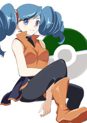 Rule 34 | 1girl, 34 (sanjushi), ace trainer (pokemon), blue eyes, blue hair, breasts, closed mouth, creatures (company), drill hair, game freak, highres, long hair, looking at viewer, nintendo, pantyhose, poke ball symbol, pokemon, pokemon bw, simple background, skirt, solo, twintails, white background