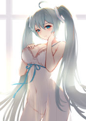 Rule 34 | 1girl, ahoge, aqua eyes, babydoll, backlighting, bad id, bad pixiv id, blush, breasts, covered navel, green hair, hand on own chest, hand on own face, hatsune miku, highres, large breasts, lingerie, liu lan, long hair, negligee, see-through, solo, standing, twintails, underwear, very long hair, vocaloid
