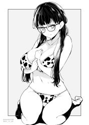 Rule 34 | 1girl, animal print, bikini, blush, breasts, closed mouth, cow print, dated, glasses, grey background, greyscale, highres, kichihachi, large breasts, long hair, looking at viewer, low twintails, monochrome, navel, original, simple background, sitting, socks, solo, sweat, swimsuit, twintails, twitter username, two-tone background, white background