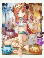 Rule 34 | 1girl, anklet, barefoot, blue bow, blue bowtie, blue gemstone, book, border, bow, bowtie, bracer, breasts, buxue luo li tang, cauldron, closed mouth, commentary request, full body, gem, genshin impact, gold trim, hair ornament, harem outfit, highres, holding, horns, jack-o&#039;-lantern, jewelry, long sleeves, looking at viewer, nail polish, nilou (genshin impact), pentagram, puffy long sleeves, puffy sleeves, silk, sitting, skull hair ornament, small breasts, smile, smoke, soles, solo, spider web, toenail polish, toenails, toes, white border