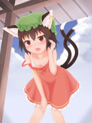 Rule 34 | 1girl, adapted costume, animal ear fluff, animal ear piercing, animal ears, bare arms, bare shoulders, bent over, blush, brown eyes, brown hair, cat ears, cat tail, chen, cloud, collarbone, commentary request, cumulonimbus cloud, day, dress, earrings, feet out of frame, flat chest, frills, green hat, hand up, hat, hidanomura, highres, jewelry, mob cap, multiple tails, nekomata, open mouth, outdoors, petite, petticoat, red dress, short hair, single earring, solo, standing, strap slip, tail, touhou, two tails