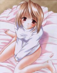 Rule 34 | 00s, 1girl, arcueid brunestud, barefoot, bed, blonde hair, blush, bottomless, brown hair, feet, highres, looking at viewer, melty blood, red eyes, short hair, smile, solo, sweater, tsukihime, turtleneck