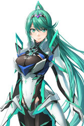Rule 34 | 1girl, aqua eyes, aqua hair, armor, blush, breasts, character name, cleavage, cowboy shot, faulds, female focus, highres, large breasts, long hair, looking at viewer, matching hair/eyes, nintendo, pantyhose, pneuma (xenoblade), ponytail, redpoke, see-through, simple background, smile, solo, spoilers, standing, very long hair, white background, xenoblade chronicles (series), xenoblade chronicles 2
