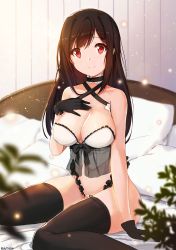 Rule 34 | 1girl, anti (0324), babydoll, bed, bed sheet, black gloves, black hair, black thighhighs, blush, breasts, choker, cleavage, criss-cross halter, gloves, halterneck, hand on own chest, highres, indoors, large breasts, long hair, looking at viewer, on bed, original, pillow, plant, red eyes, sitting, smile, solo, thighhighs, wariza