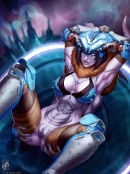 Rule 34 | 1girl, abs, anus, armor, armpits, arms behind head, ass grab, bikini, bikini top only, blue sclera, breasts, cameltoe, clitoris, colored sclera, colored skin, destiny (game), extra arms, extra pupils, gauntlets, genderswap, genderswap (mtf), grabbing own ass, greaves, headgear, highres, humanization, legs up, looking at viewer, lying, midriff, navel, purple skin, pussy, sideboob, signature, skolas, solo, source request, spread legs, swimsuit, themaestronoob, thighs, white eyes