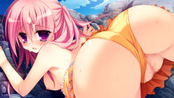 Rule 34 | 1girl, ass, bent over, breasts, censored, clothes pull, cum, cum on hair, day, facial, from behind, game cg, hanging breasts, highres, kanadome miyako, looking at viewer, medium breasts, mosaic censoring, nanaka mai, nipples, one-piece swimsuit, one-piece swimsuit pull, outdoors, panties, pink eyes, pink hair, pure girl, pussy, pussy juice, rock, solo, standing, swimsuit, thighs, underwear, yellow one-piece swimsuit