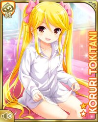Rule 34 | 1girl, :d, barefoot, bed, bedroom, blonde hair, bottomless, card (medium), character name, dress shirt, earrings, girlfriend (kari), indoors, jewelry, long hair, looking at viewer, official art, open mouth, pink ribbon, qp:flapper, ribbon, ring, shirt, sitting, sleeves past wrists, smile, solo, tagme, tokitani koruri, twintails, v-shaped eyebrows, white shirt, yellow eyes
