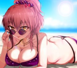 Rule 34 | 10s, 1girl, :p, adjusting eyewear, ass, beach, bikini, blurry, blurry background, blush, bow, breasts, butt crack, cleavage, collarbone, commentary request, day, downpants, eyelashes, glasses, hair between eyes, hair bow, hair ornament, hair scrunchie, highres, idolmaster, idolmaster cinderella girls, jewelry, jougasaki mika, large breasts, long hair, looking at viewer, lying, necklace, o-ring, o-ring bottom, on stomach, outdoors, pendant, pink hair, polka dot, polka dot bow, ponytail, purple-tinted eyewear, purple bikini, round eyewear, ryuu., scrunchie, sidelocks, solo, striped clothes, striped scrunchie, sun, sunglasses, sunlight, swimsuit, tinted eyewear, tongue, tongue out, yellow eyes
