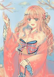 Rule 34 | 1girl, :d, bad id, bad pixiv id, blue eyes, blue flower, blue sky, blush, branch, cloud, commentary request, cowboy shot, floral print, flower, frilled sleeves, frills, fur collar, furisode, hair bun, hair flower, hair ornament, hand up, highres, holding, japanese clothes, kanzashi, kimono, lace, lace-trimmed ribbon, lace trim, long hair, long sleeves, looking at viewer, mamel 27, obi, open mouth, original, pink flower, pink hair, pink kimono, print kimono, ribbon, sash, side bun, sidelocks, single side bun, sky, sleeves past wrists, smile, solo, standing, striped ribbon, teeth, upper teeth only, wavy hair, wide sleeves, x hair ornament