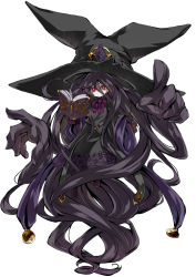 Rule 34 | 1girl, black hair, book, dress, floating, gloves, grimoire, hat, long hair, looking at viewer, original, pentagram, prehensile hair, ramuya (lamb), red eyes, simple background, solo, very long hair, white background, witch, witch hat