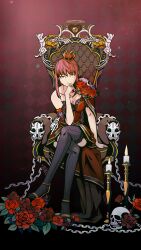 Rule 34 | 1girl, black footwear, bouquet, breasts, chainsaw man, crown, dress, flower, high heels, highres, large breasts, makima (chainsaw man), red dress, red hair, red headwear, rose, sitting, skull, solo, tea and buns, thighhighs, throne, yellow eyes