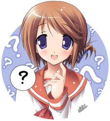 Rule 34 | 00s, 1girl, ?, blue eyes, blush, brown hair, finger to mouth, folded ponytail, kantoku, komaki manaka, long sleeves, looking at viewer, open mouth, purple eyes, sailor collar, school uniform, shirt, short hair, signature, simple background, smile, solo, spoken question mark, to heart (series), to heart 2, white shirt