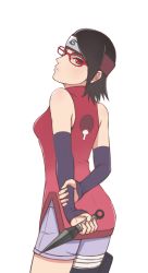 Rule 34 | 1girl, absurdres, arm warmers, bad id, bad pixiv id, bandages, bare shoulders, black hair, boruto: naruto next generations, breasts, closed mouth, cowboy shot, forehead protector, from behind, glasses, head tilt, highres, holding, holding own arm, holding weapon, holster, konohagakure symbol, kunai, legs together, looking at viewer, looking back, mil k vanilla, naruto (series), purple shorts, red-framed eyewear, red eyes, red shirt, sharingan, shirt, short hair, shorts, simple background, sleeveless, sleeveless shirt, small breasts, solo, standing, thigh holster, uchiha sarada, uchiha symbol, weapon, white background