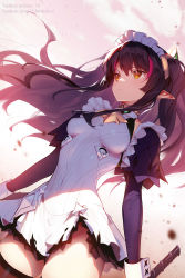 Rule 34 | black hair, breasts, brown eyes, commentary request, covered navel, dress, earrings, elbow gloves, fanbox username, floating hair, gloves, hair ornament, highres, jewelry, long hair, maid, maid headdress, medium breasts, multicolored hair, original, parted lips, pointy ears, purple gloves, siino, skin tight, skindentation, sleeveless, sleeveless dress, solo, streaked hair, thighhighs, thighs, twitter username, white dress, wrist cuffs