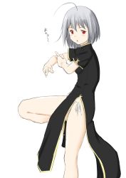 Rule 34 | 1girl, ahoge, arms up, bad id, bad twitter id, bare legs, black dress, china dress, chinese clothes, commentary request, dress, from side, grey hair, highres, knee up, leg up, niwatazumi, original, panties, pelvic curtain, red eyes, shoes, short hair, short sleeves, side-tie panties, solo, translation request, underwear