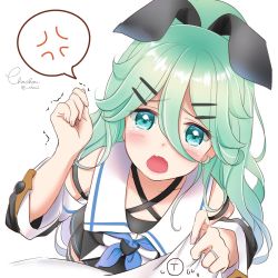 Rule 34 | 1girl, animal ears, aqua hair, blue eyes, blush, breasts, chou2, crying, crying with eyes open, hair between eyes, hair ornament, hairclip, jewelry, kantai collection, long hair, looking at viewer, medium breasts, one-hour drawing challenge, open mouth, rabbit ears, ring, school uniform, serafuku, simple background, tears, wedding ring, white background, yamakaze (kancolle)