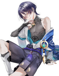 Rule 34 | 1boy, absurdres, anemo symbol (genshin impact), black shorts, black unitard, blue hair, closed mouth, genshin impact, highres, jewelry, knee up, long sleeves, looking at viewer, off shoulder, pottsness, purple eyes, ring, scaramouche (genshin impact), short hair, shorts, simple background, sitting, smile, solo, wanderer (genshin impact), white background