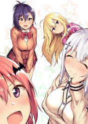 Rule 34 | &gt;:d, 10s, 4girls, :d, ^ ^, ahoge, amano don, bad id, bad pixiv id, bags under eyes, bat hair ornament, blonde hair, blue eyes, blush, breasts, cardigan, closed eyes, closed mouth, collared shirt, cross hair ornament, empty eyes, facing viewer, fang, feathers, gabriel dropout, gabriel tenma white, hair between eyes, hair ornament, hairclip, hand on own cheek, hand on own face, highres, hood, hoodie, jitome, large breasts, long hair, looking at viewer, multiple girls, open mouth, plaid, plaid skirt, pleated skirt, ponytail, purple eyes, purple hair, raphiel shiraha ainsworth, red hair, red skirt, satanichia kurumizawa mcdowell, school uniform, shirt, silver hair, skirt, smile, star (symbol), starry background, v-shaped eyebrows, vignette tsukinose april, white background, white shirt, wing collar