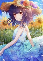 Rule 34 | 1girl, absurdres, blue dress, blue sky, blush, clothes lift, curtsey, day, dress, dress lift, field, flower, flower field, hair between eyes, hair flower, hair ornament, hat, highres, huge filesize, idolmaster, idolmaster shiny colors, looking at viewer, looking to the side, medium hair, morino rinze, multicolored clothes, multicolored dress, namamake, open mouth, outdoors, pinafore dress, purple hair, red eyes, revision, sidelocks, sky, sleeveless, sleeveless dress, solo, standing, straw hat, sundress, sunflower, sunflower field, white dress