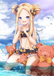 Rule 34 | 1girl, :d, abigail williams (emerald float) (fate), abigail williams (fate), bare arms, bare shoulders, bikini, black bikini, black bow, blonde hair, blue eyes, blue sky, blush, bow, cloud, cloudy sky, collarbone, day, double bun, emerald float, fang, fate/grand order, fate (series), forehead, full body, hair bow, hair bun, hands up, highres, holding, holding key, horizon, key, kneeling, long hair, looking at viewer, mutang, ocean, official alternate costume, open mouth, orange bow, outdoors, parted bangs, polka dot, polka dot bow, sidelocks, sky, smile, solo, stuffed animal, stuffed toy, swimsuit, teddy bear, very long hair, water