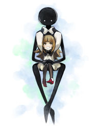 Rule 34 | 1girl, adjusting clothes, bad id, bad pixiv id, bow, bowtie, deemo, deemo (character), full body, girl (deemo), happy, height difference, hk (nt), hug, hug from behind, pantyhose, sitting, smile