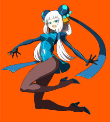 Rule 34 | 1girl, albino, blue eyes, blue nails, breasts, brown pantyhose, cropped jacket, electro emilia, fingernails over gloves, full body, hair ornament, hair tubes, headgear, high heels, impossible clothes, impossible shirt, jacket, juliet sleeves, ken (koala), long hair, long sleeves, nail polish, neon trim, orange background, original, pantyhose, puffy sleeves, ribbon, shirt, shoes, simple background, skin tight, solo, twintails, white hair, yin yang