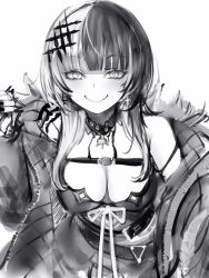 Rule 34 | 1girl, absurdres, breasts, cleavage, coat, earrings, fur trim, hair ornament, highres, holoadvent, hololive, hololive english, jewelry, large breasts, looking at viewer, medium hair, monochrome, multicolored hair, nanashi (nlo), off shoulder, shiori novella, shiori novella (1st costume), simple background, smile, solo, two-tone hair, virtual youtuber, white background