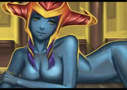 Rule 34 | 1girl, bad id, bad pixiv id, blue skin, breasts, colored skin, covering privates, covering breasts, helmet, league of legends, looking at viewer, lying, medium breasts, nude, purple hair, shyvana, smile, solo, yellow eyes, zakusi