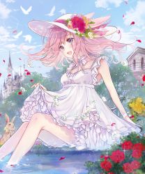 Rule 34 | 1girl, :d, animal, bicycle, bird, blue sky, blush, bow, breasts, brown eyes, castle, cloud, collarbone, commentary request, day, dress, flower, flying, hair between eyes, hat, hat flower, highres, long hair, open mouth, original, outdoors, petals, pink flower, pink hair, purple flower, rabbit, red flower, red rose, rose, rose petals, sitting, sky, sleeveless, sleeveless dress, small breasts, smile, soaking feet, solo, striped, striped bow, sun hat, water, wet, white bow, white dress, white flower, white hat, yellow flower, yukimiya yuge