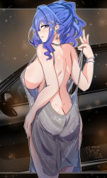 Rule 34 | 1girl, ass, azur lane, back, backless dress, backless outfit, bare shoulders, blue hair, bracelet, breasts, butt crack, car, dimples of venus, dress, earrings, evening gown, grey dress, hair between eyes, hair ornament, hairclip, halter dress, halterneck, highres, jewelry, large breasts, looking back, motor vehicle, myumi, necklace, parted lips, pink eyes, plunging neckline, revealing clothes, side ponytail, side slit, sideboob, sidelocks, silver dress, solo, st. louis (azur lane), st. louis (luxurious wheels) (azur lane), strap pull