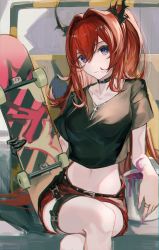 Rule 34 | 1girl, arknights, belt, belt collar, black shirt, collar, commentary, cropped shirt, cross, cross necklace, crossed legs, hair between eyes, hair intakes, highres, holding, holding skateboard, horns, jewelry, karasuro, long hair, looking at viewer, midriff, navel, necklace, official alternate costume, ponytail, purple eyes, red hair, red shorts, revision, shirt, short shorts, short sleeves, shorts, sitting, skateboard, solo, surtr (arknights), surtr (liberte echec) (arknights), t-shirt