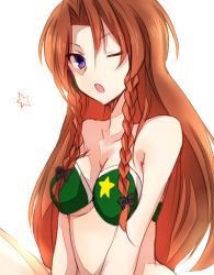 Rule 34 | 1girl, ;o, adapted costume, bare shoulders, bikini, blue eyes, bow, braid, breasts, brown hair, female focus, green bikini, hong meiling, long hair, looking at viewer, one eye closed, open mouth, parted bangs, simple background, solo, star (symbol), strapless, swimsuit, tori no karaage, touhou, twin braids, underboob, upper body, wink