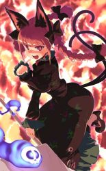 Rule 34 | 1girl, animal ears, artist request, black bow, bow, braid, cat ears, cat tail, dress, extra ears, fire, hair bow, kaenbyou rin, multiple tails, nekomata, paw pose, red eyes, red hair, skull, solo, tail, third-party source, touhou, twin braids, two tails, wheelbarrow