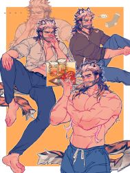 Rule 34 | ..., 1boy, absurdres, animal ears, bara, beard, beer mug, blush, bulge, cup, drunk tiger (kuro), facial hair, from side, hair slicked back, highres, kuroshima kurishiro (muyi24108414), large pectorals, long hair, male focus, mature male, mug, multicolored hair, multiple views, muscular, muscular male, mustache stubble, nipples, one eye closed, open clothes, open shirt, original, pants, pectoral cleavage, pectorals, pointing, pointing to the side, rubbing nose, scar, scar on chest, shy, sitting, socks, spread legs, stomach, stubble, sweatdrop, tail, thick eyebrows, thick tail, thick thighs, thighs, tiger boy, tiger ears, tiger tail, track pants, two-tone hair, white hair