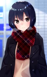Rule 34 | 1girl, 3:, bad id, bad pixiv id, black eyes, black hair, blurry, coat, commentary request, depth of field, gomashi (goma), highres, long hair, looking at viewer, original, scarf, school uniform, solo, tears, winter clothes, winter coat