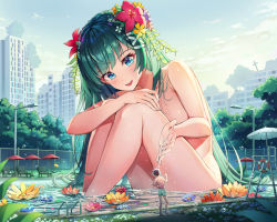 Rule 34 | 1boy, 1girl, :d, apple (luffy123), blue eyes, blue flower, blue male swimwear, blue swim trunks, building, chain-link fence, city, commentary request, completely nude, day, fence, flower, giant, giantess, green hair, hair flower, hair ornament, in the face, knees up, lamppost, lifebuoy, long hair, looking at another, looking down, male swimwear, nude, open mouth, original, outdoors, partially submerged, petals, pool, pool ladder, poolside, red flower, revision, sitting, smile, splashing, swim ring, swim trunks, swimsuit, very long hair, water, yellow flower