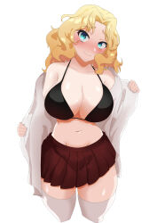 Rule 34 | 1girl, absurdres, black bra, blonde hair, blue eyes, blush, bra, breasts, cleavage, commentary, cropped legs, dress shirt, girls und panzer, groin, hair intakes, halterneck, head tilt, highres, kay (girls und panzer), large breasts, long sleeves, looking at viewer, medium hair, miniskirt, navel, open clothes, open shirt, opened by self, pleated skirt, red skirt, saunders school uniform, school uniform, shirt, skirt, solo, tenpura32200, thighhighs, underwear, undressing, white shirt, white thighhighs