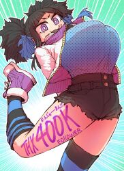 Rule 34 | 1girl, aqua background, arms behind back, bending backward, black hair, blue hair, blue shirt, blush, body writing, breasts, colored skin, denim, denim shorts, foreshortening, highres, jacket, large breasts, leg up, milestone celebration, multicolored hair, purple eyes, purple footwear, satsuki ouhara, shirt, shoes, shorts, smile, sneakers, solo, standing, standing on one leg, streaked hair, striped clothes, striped thighhighs, teihen no daigaku janaru, thighhighs, tongue, tongue out, twintails, white jacket, white skin, zyugoya