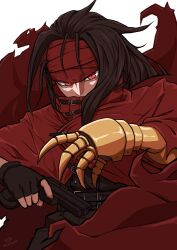 Rule 34 | 1boy, absurdres, belt, belt buckle, black gloves, black hair, black jacket, buckle, cape, clawed gauntlets, cloak, commentary, covered mouth, final fantasy, final fantasy vii, fingerless gloves, gauntlets, gloves, gun, headband, highres, holding, holding gun, holding weapon, jacket, long hair, looking at viewer, male focus, multiple belts, red cape, red cloak, red eyes, red headband, serious, single gauntlet, single glove, solo, torn cape, torn clothes, upper body, vincent valentine, weapon, white background, wolkat