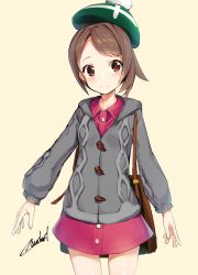 Rule 34 | 1girl, artist name, blush, bob cut, brown eyes, brown hair, cardigan, commentary request, creatures (company), dress, game freak, gloria (pokemon), green hat, grey cardigan, hat, long sleeves, looking at viewer, nintendo, overlord (overlord80000), pink dress, pokemon, pokemon swsh, short hair, simple background, smile, tam o&#039; shanter, yellow background