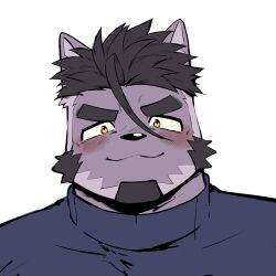 Rule 34 | 1boy, bara, black hair, blush, cat boy, facial hair, furry, furry male, goatee, highres, huge eyebrows, live a hero, looking at viewer, loose hair strand, male focus, muscular, muscular male, mutton chops, purple fur, sanpaku, shirt, simple background, smile, solo, tsuneaki (live a hero), udon oneday
