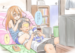 Rule 34 | 10s, 1boy, 1girl, admiral (kancolle), black hair, blush, book, bookshelf, breast pillow, brown eyes, brown hair, calendar (object), commentary request, controller, food, fujishima shinnosuke, game console, game controller, gamepad, glasses, indoors, kantai collection, kneehighs, leg lock, long hair, lying, lying on person, meme, mochizuki (kancolle), musical note, on back, open mouth, pillow, playing games, pocky, quaver, red-framed eyewear, shorts, sleeveless, socks, striped clothes, striped socks, tank top, tatami, television, they had lots of sex afterwards (meme), translation request
