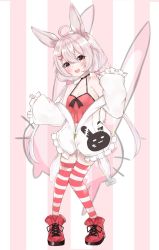 Rule 34 | 1girl, absurdres, ahoge, animal ears, arm up, blush, camisole, choker, full body, hair ornament, hairclip, highres, jacket, long hair, low twintails, navel, nemun (tamizzz), no pants, off shoulder, open mouth, pink background, pink eyes, pink hair, rabbit ears, red camisole, red footwear, red thighhighs, shoes, simple background, sleeves past wrists, smile, solo, striped background, striped clothes, striped thighhighs, thighhighs, tomari mari, tomari mari channel, twintails, v, virtual youtuber, white jacket